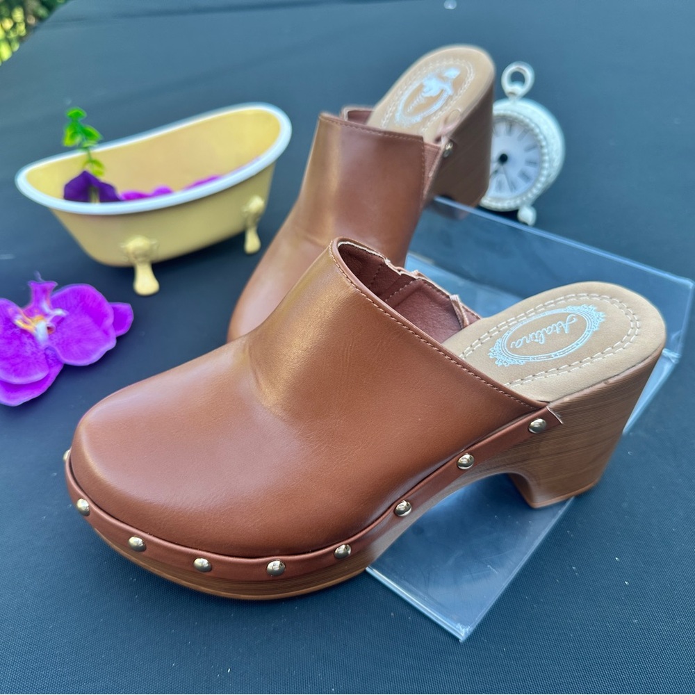 Stylish Atalina Slip On Clog Womens Brown Faux Leather with Stud Accents Boho 7.